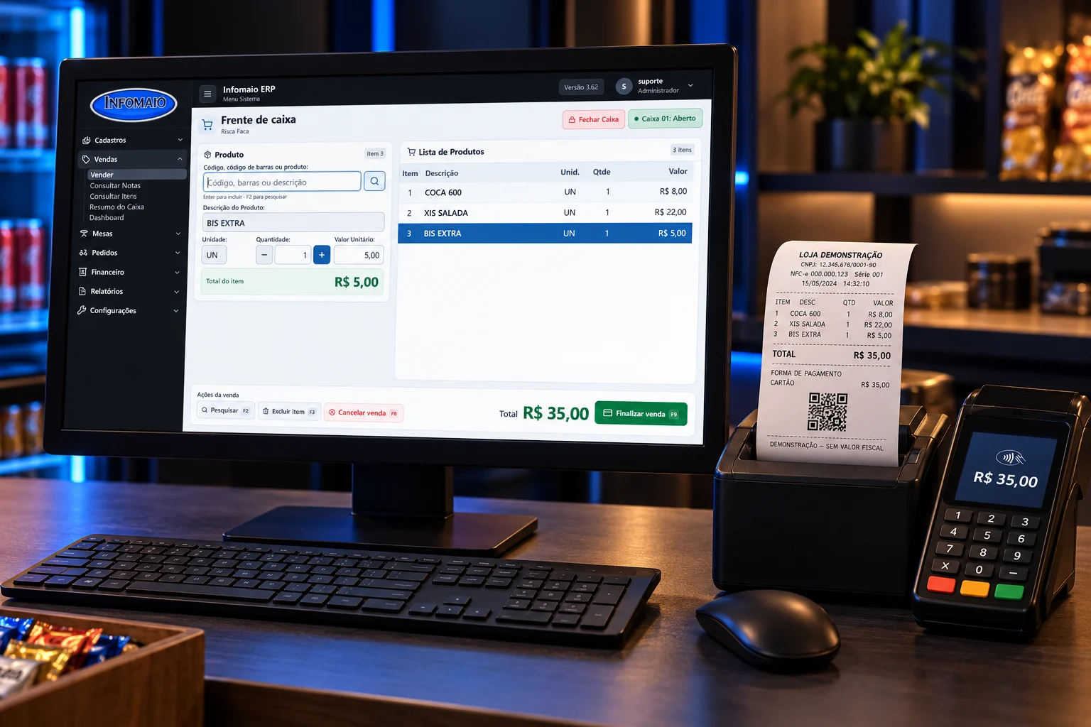 Computador com o PDV Infomaio, impressora térmica emitindo uma NFC-e e máquina de cartão ao lado.