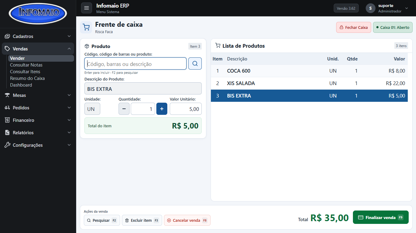 Frente de caixa do Infomaio com lista de produtos e finalização da venda.